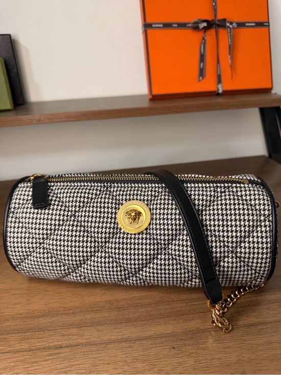 Versace Handbags - Versace Black & White Houndstooth Quilted Cylinder La Medusa Wool Shoulder Bag